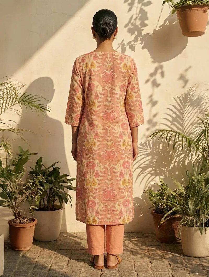 ترو برونز trueBrowns Peach Ikat Print Embroidered Kurta Pant Dupatta Set